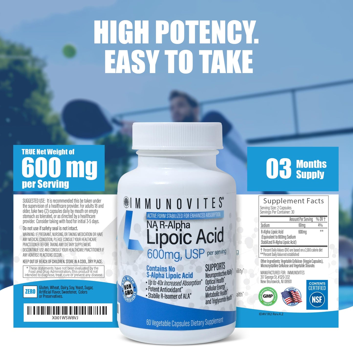 IMMUNOVITES Stabilized R-Alpha Lipoic Acid Capsule, 600mg per Serving, 3 Bottles