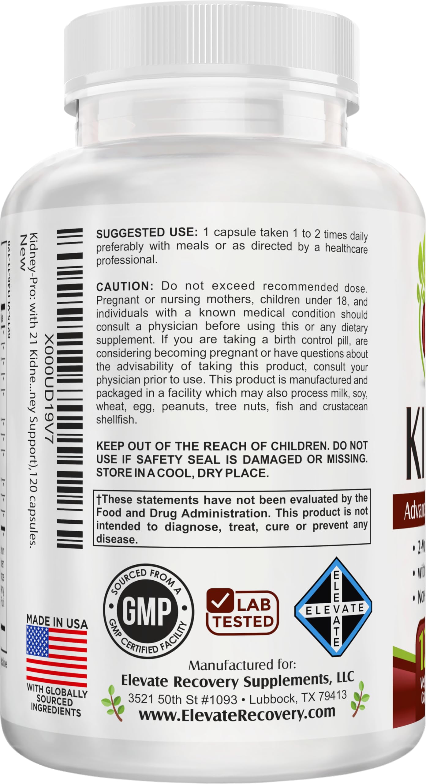 Elevate Recovery Supplements Kidney-Pro Capsule 120 Count