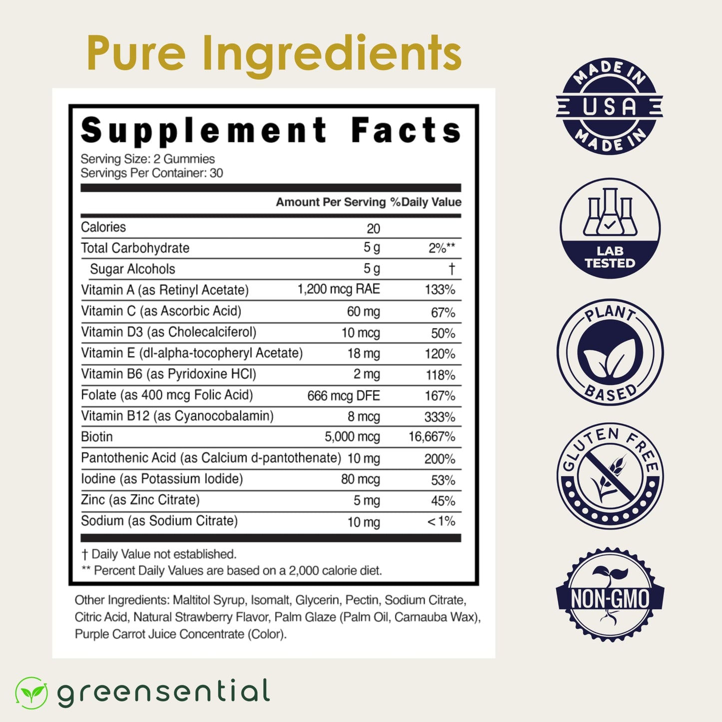 Greensential Hair, Skin & Nails Gummies, 60 Gummies