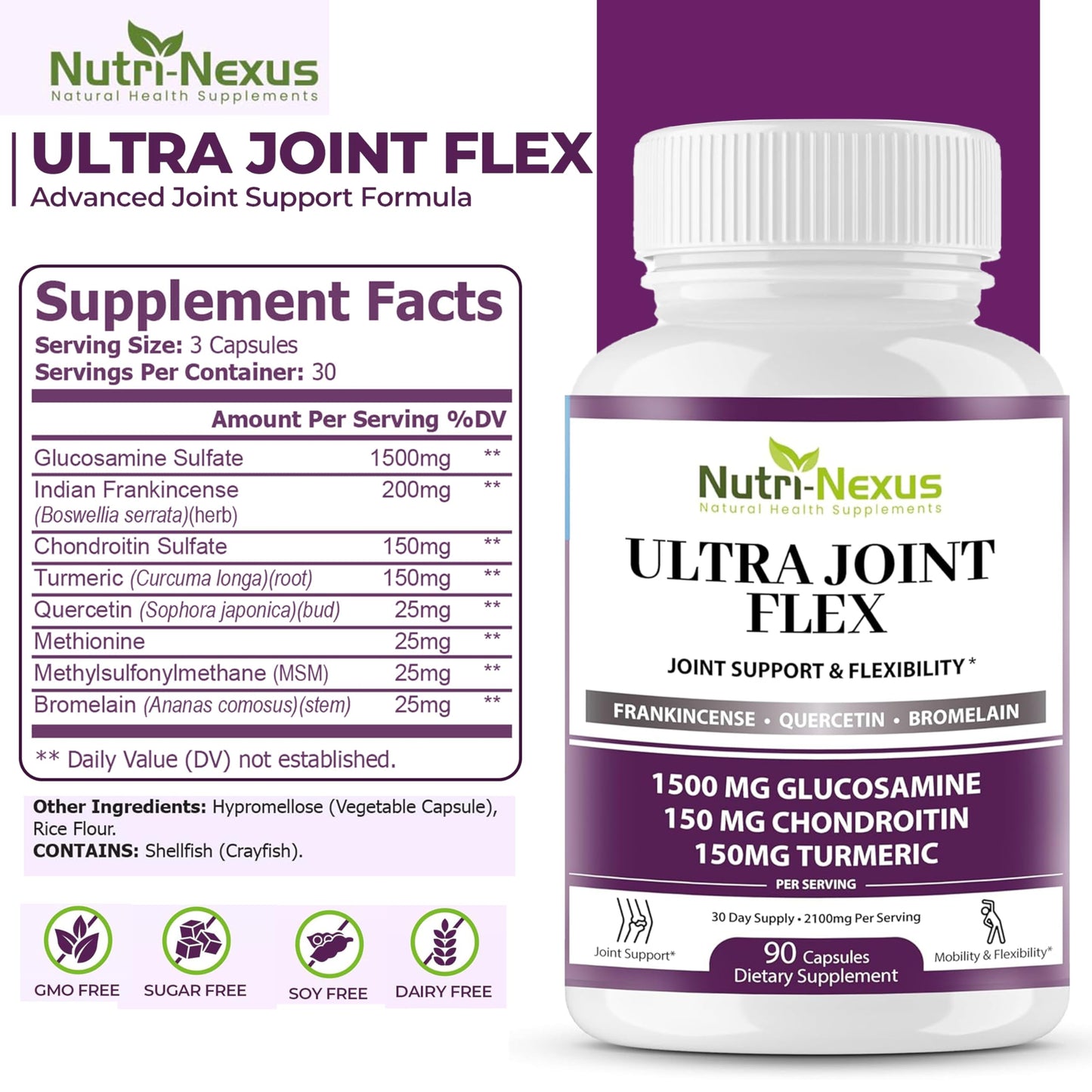 NUTRI-NEXUS Joint Support Supplement with Glucosamine Chondroitin MSM Turmeric Boswellia, Capsules, 90 Count