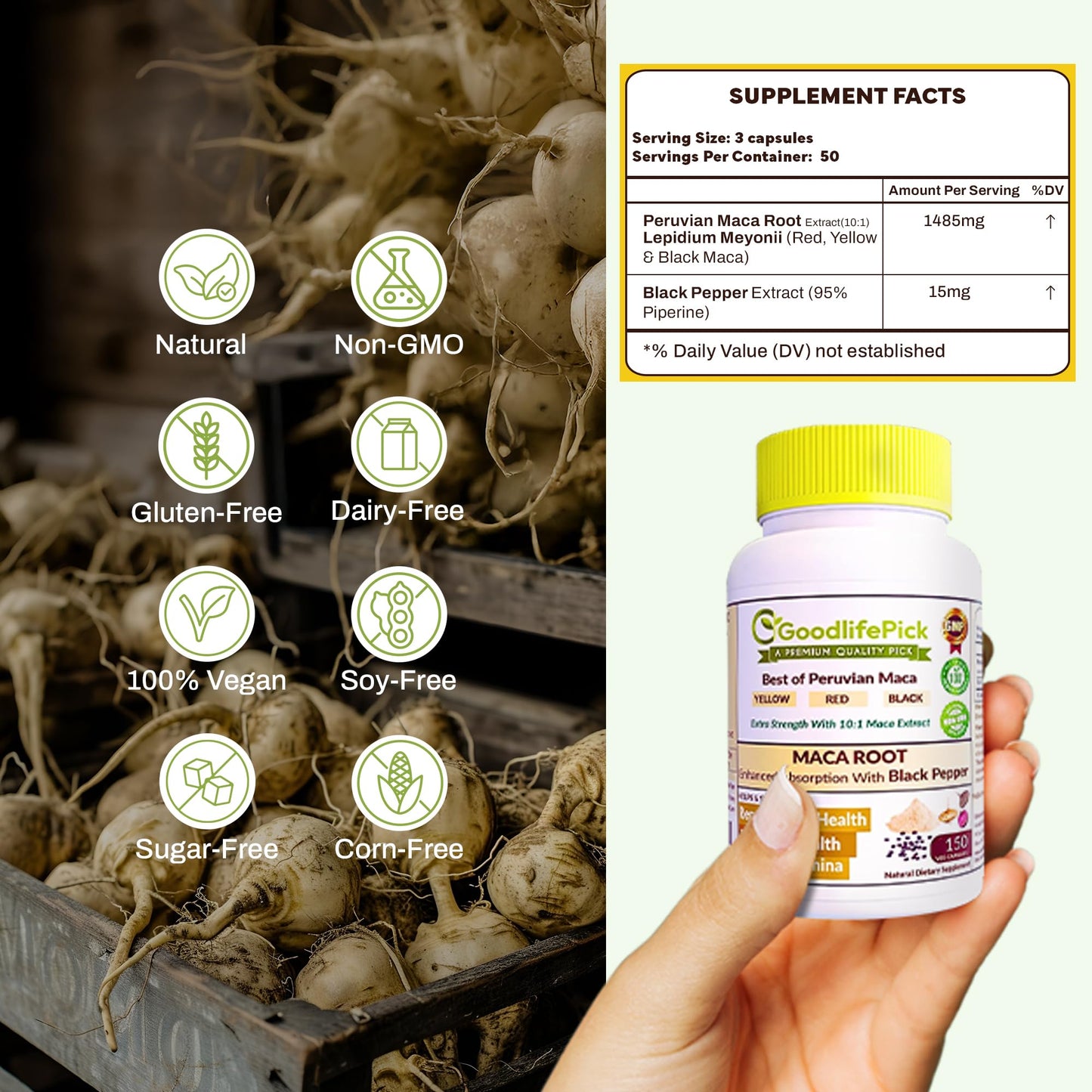 GoodlifePick Peruvian Maca Root with Black Pepper Capsules 300 Count