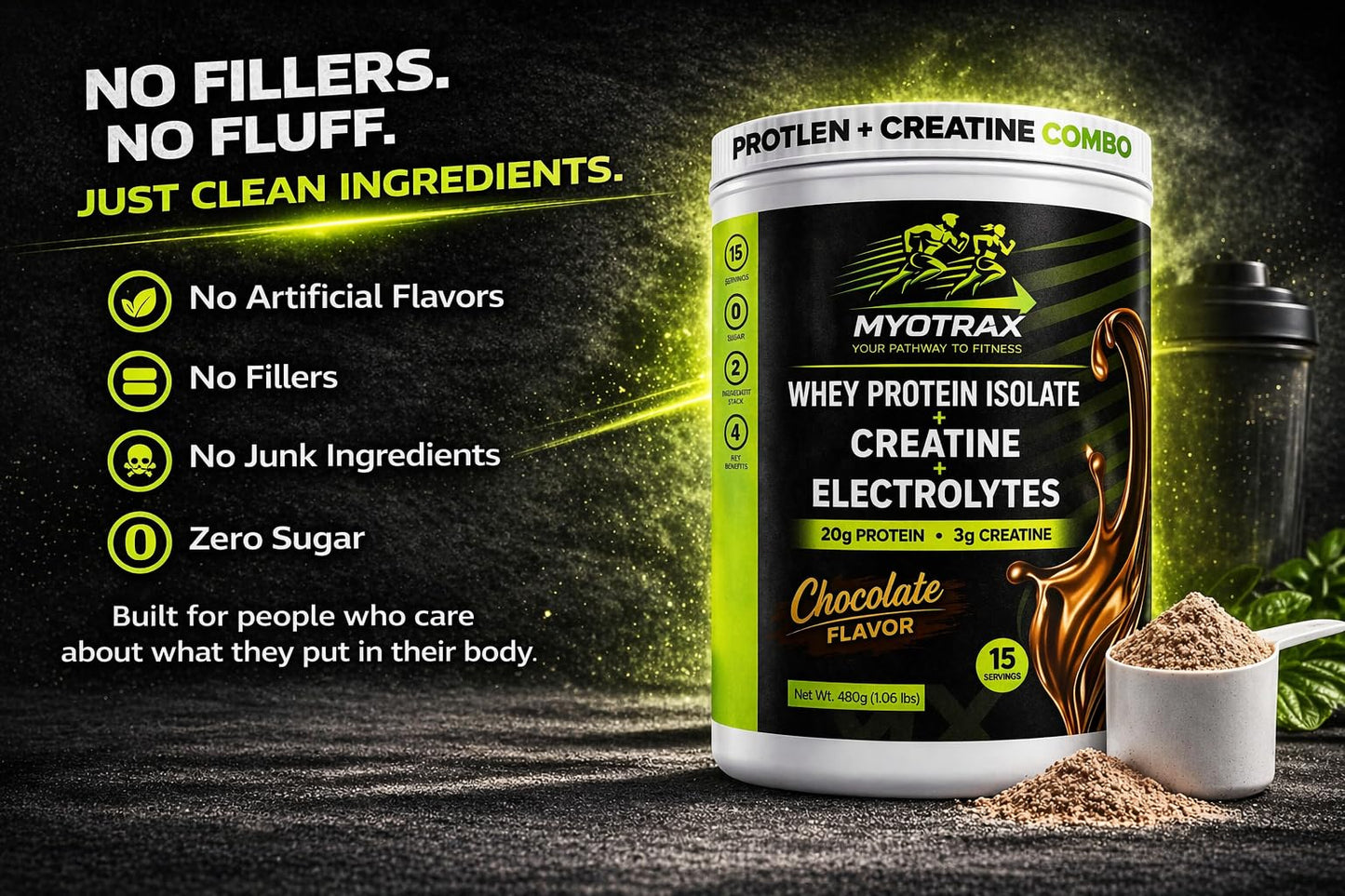 MYOTRAX Whey Protein Isolate Protein Powder with Creatine & Electrolytes, Chocolate, 15 Servings
