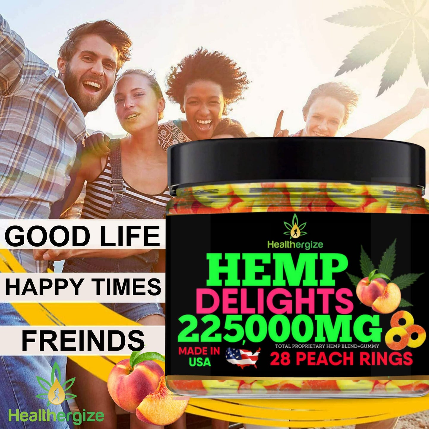 Healthergize Hemp Gummies for Deep Sleep Peach Rings Premium Hempseed Oil Gummy, 28 Count