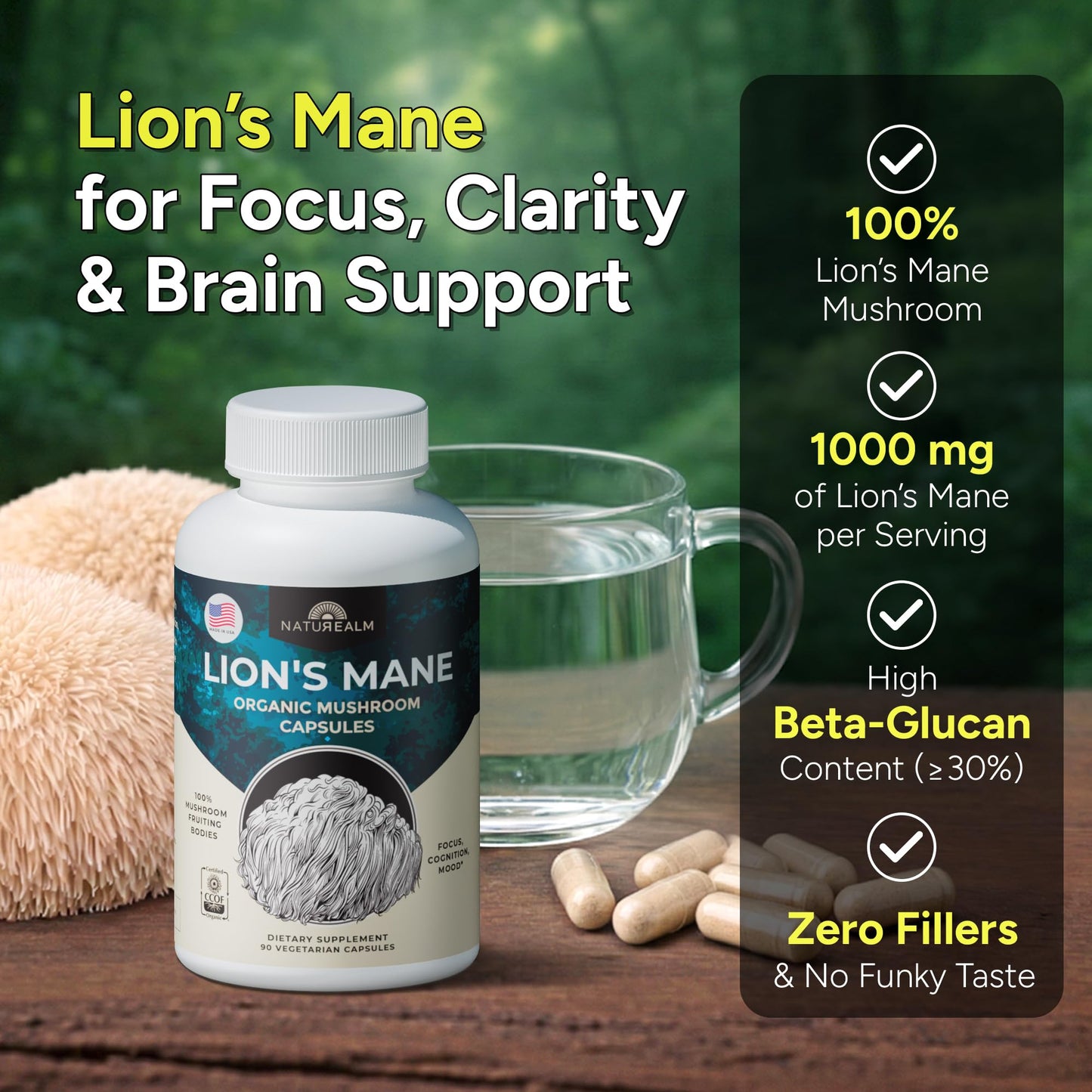Naturealm Lions Mane Mushroom Supplement Capsules 90 Count