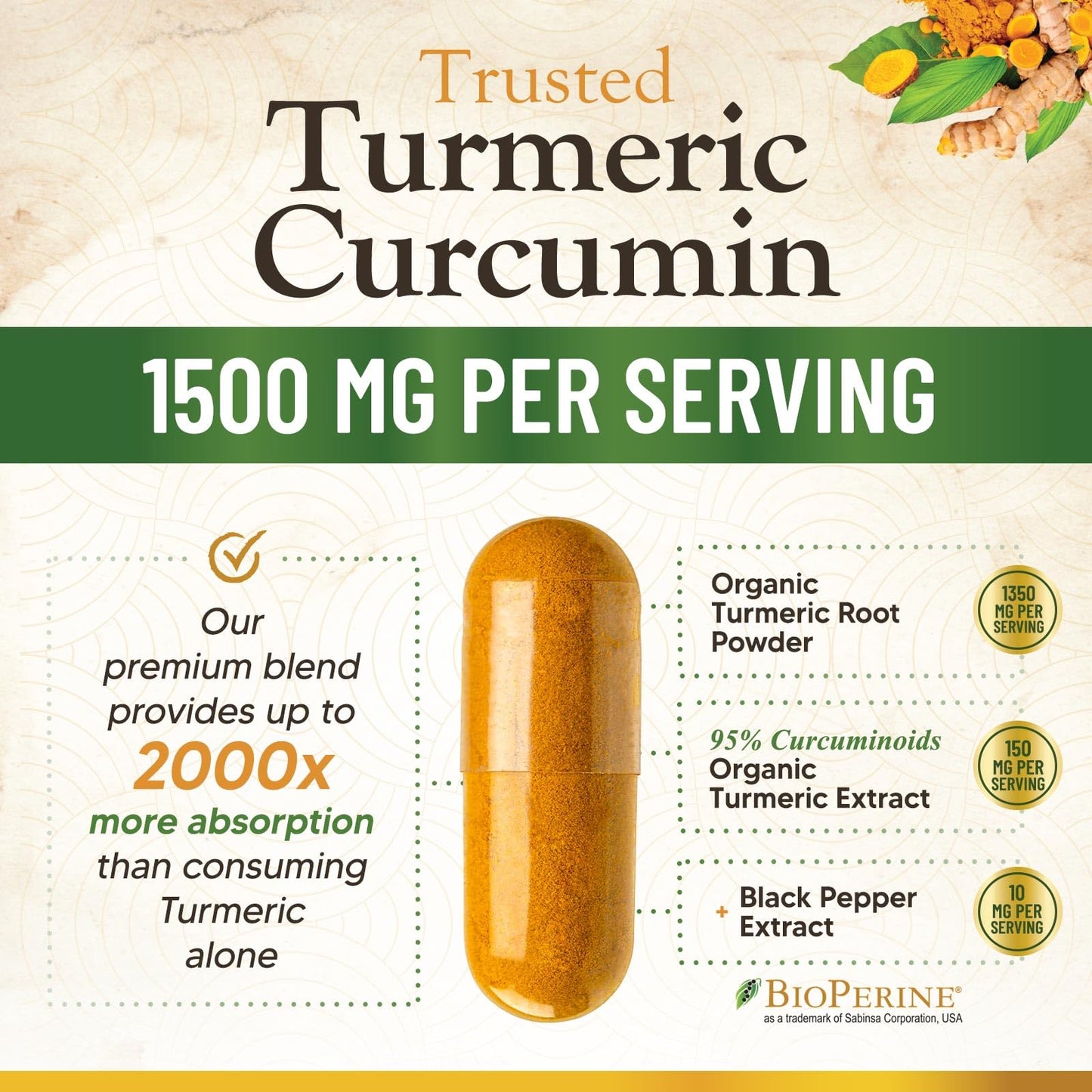 Nature's Nutrition Turmeric Curcumin Supplement 1500mg Capsules, 360 Count