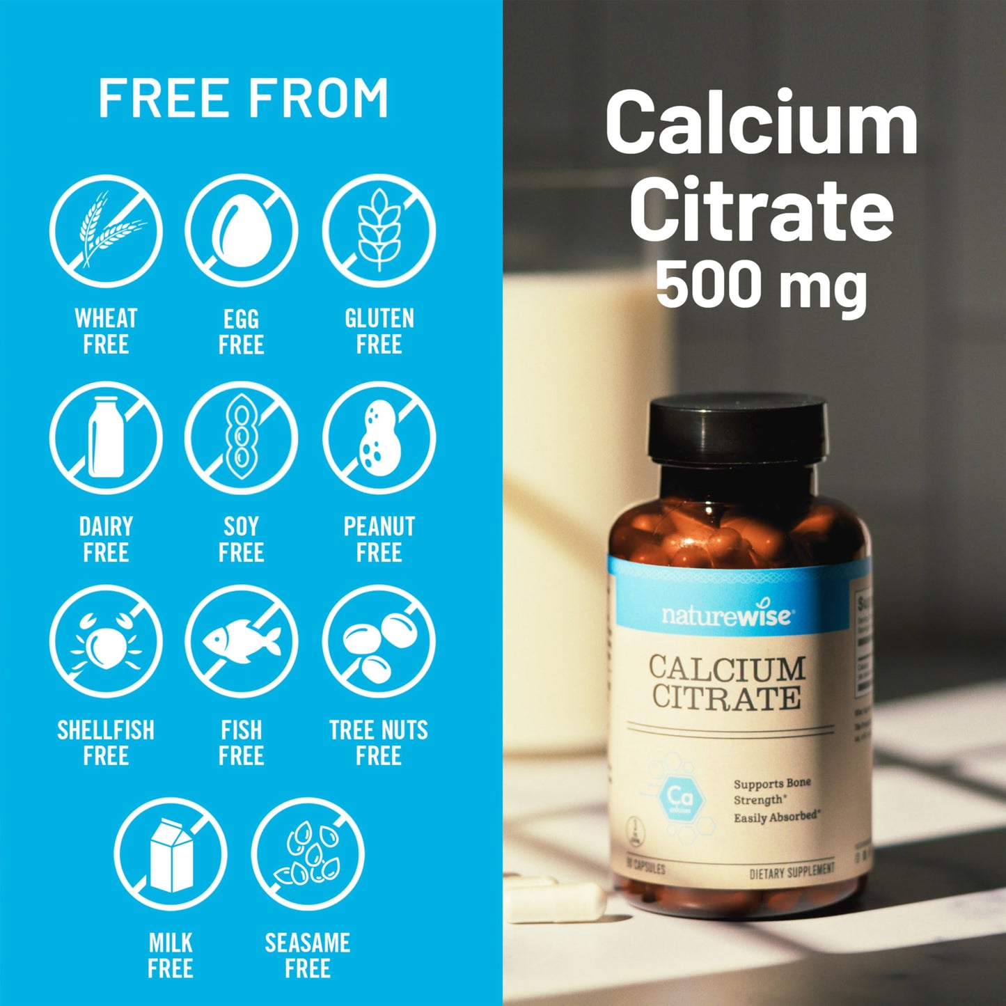 NatureWise Calcium Citrate 500mg Capsules, 180 Count