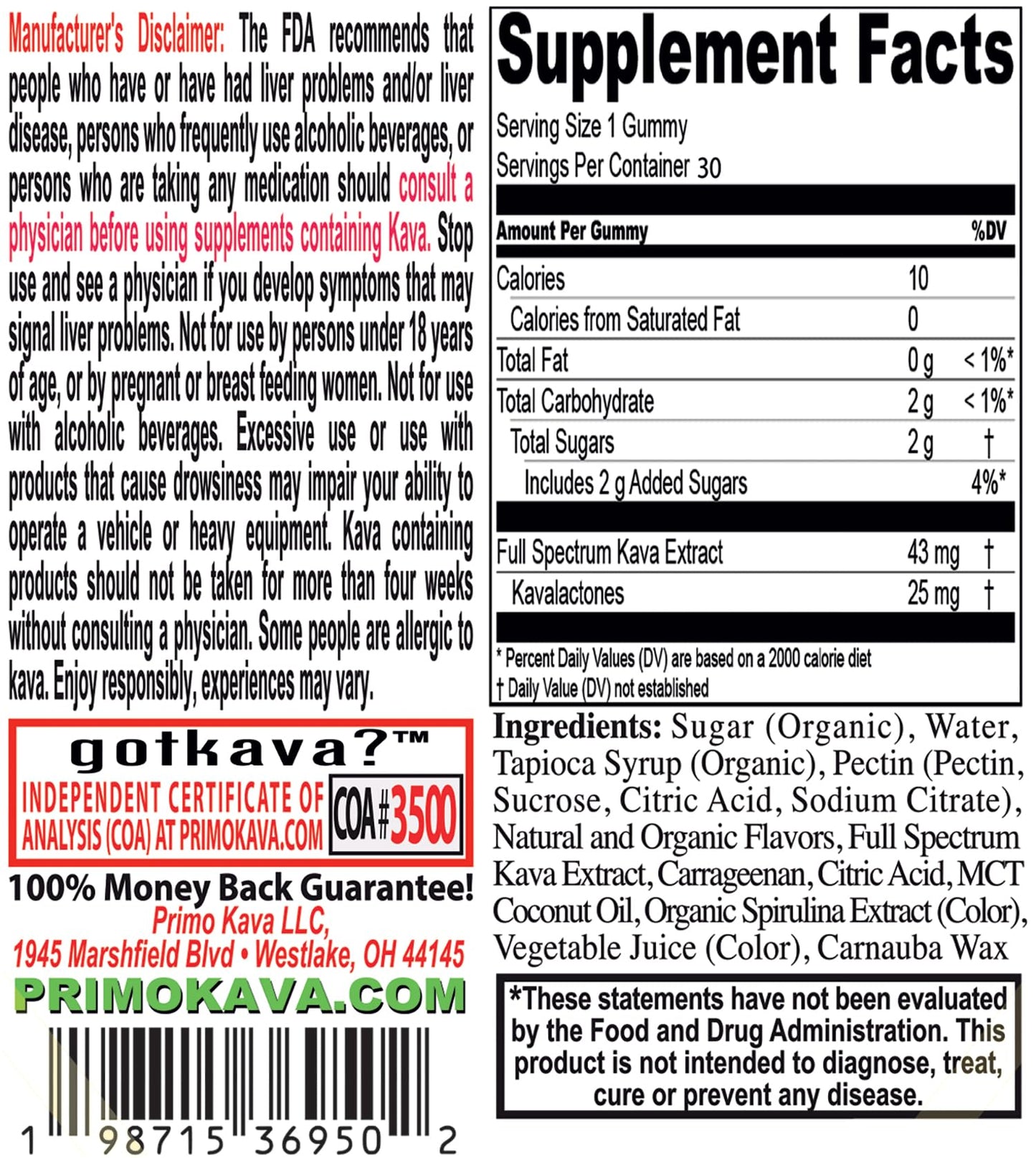 PRIMO KAVA Kava Gummies 375mg, 30 Count