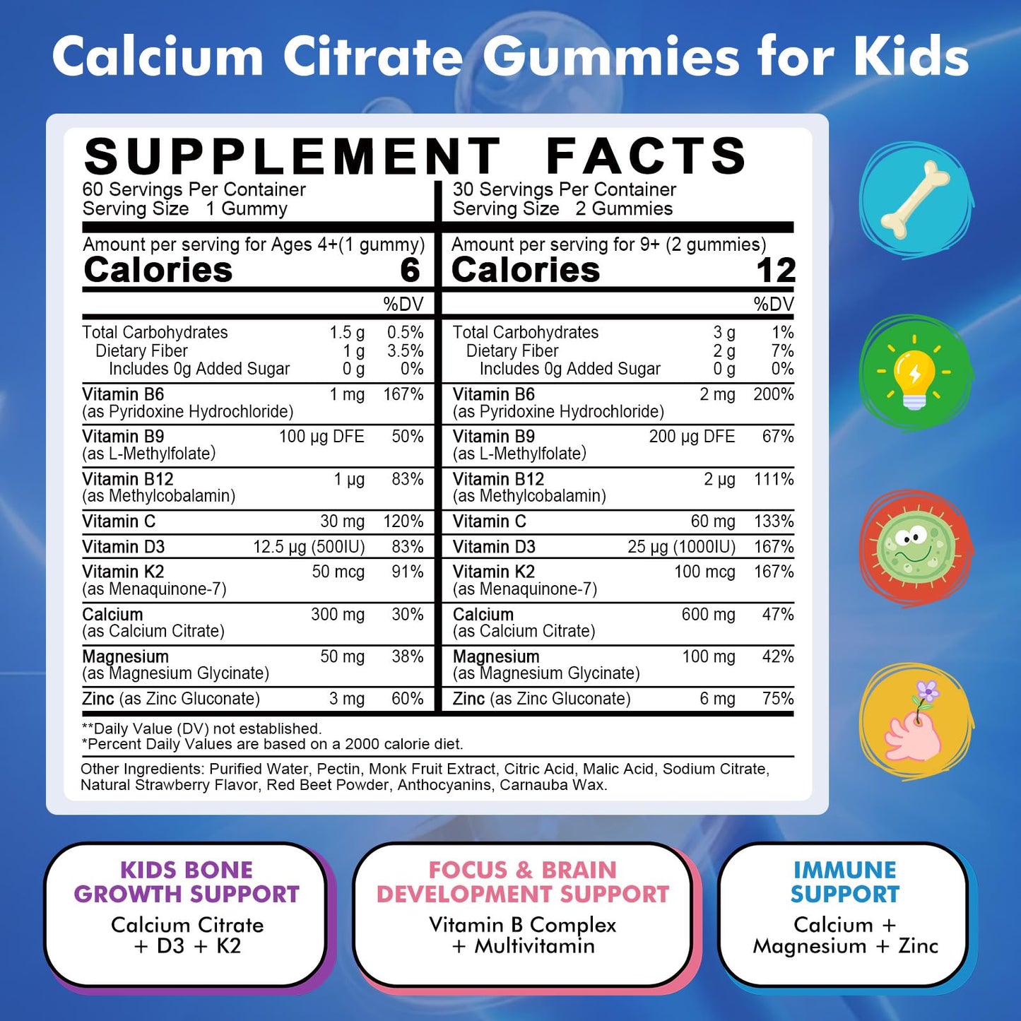 LUCNVEM Kids Calcium Citrate Gummies with Vitamin D3, Calcium Citrate 300/600 mg with Magnesium Zinc & Multivitamin, Sugar Free Strawberry, 120 ct
