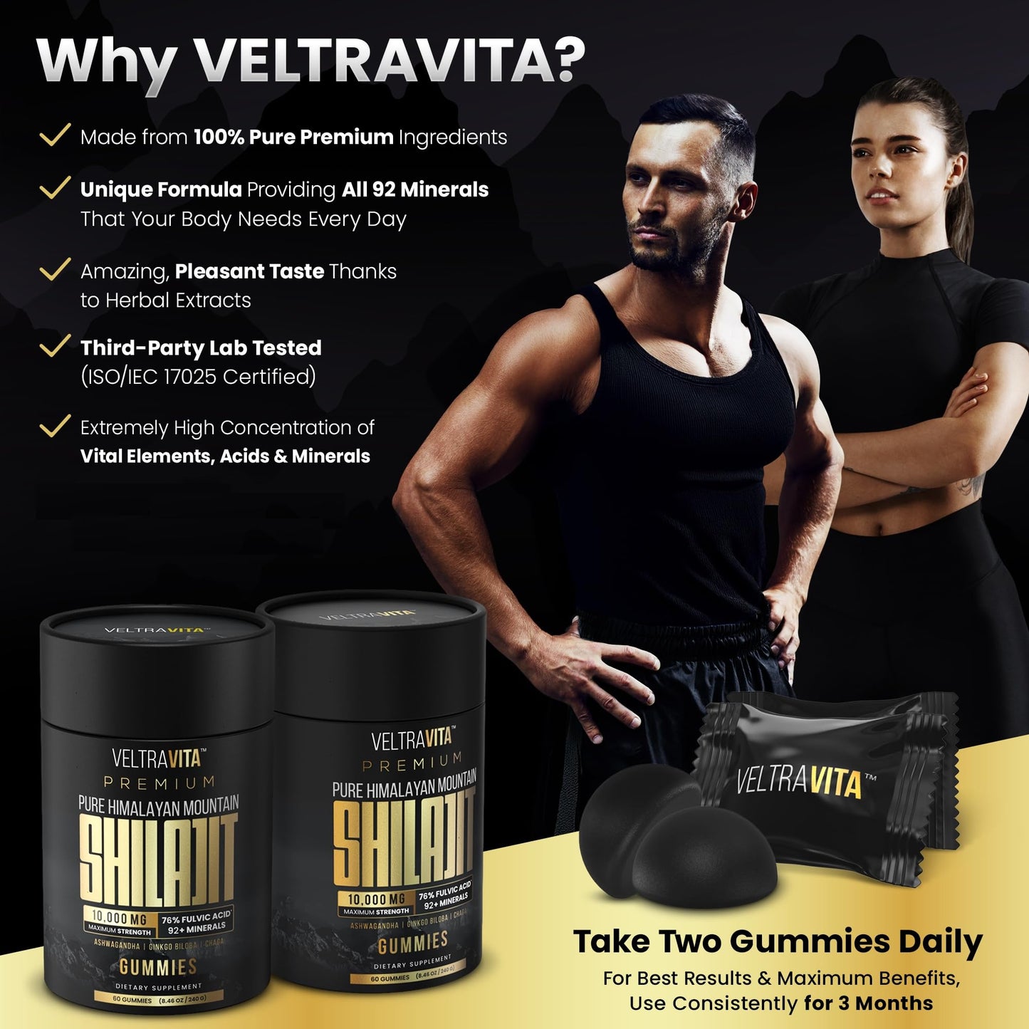 VeltraVita Pure Himalayan Shilajit Gummies with Ginkgo Biloba, Chaga & KSM-66 Ashwagandha, 60 Gummies