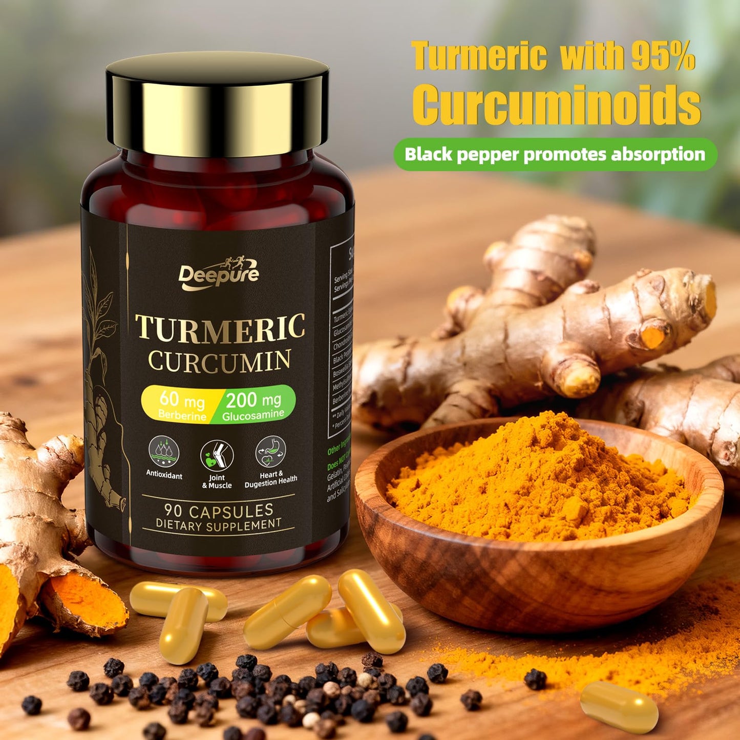 Deepure Turmeric Curcumin Supplement with Black Pepper Capsules, 90 Count