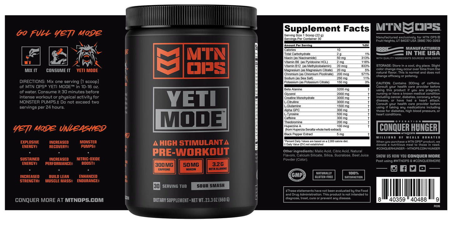 MTN OPS Yeti Mode High Stim Pre-Workout with Creatine Sour Smash Powder 19.7 Servings