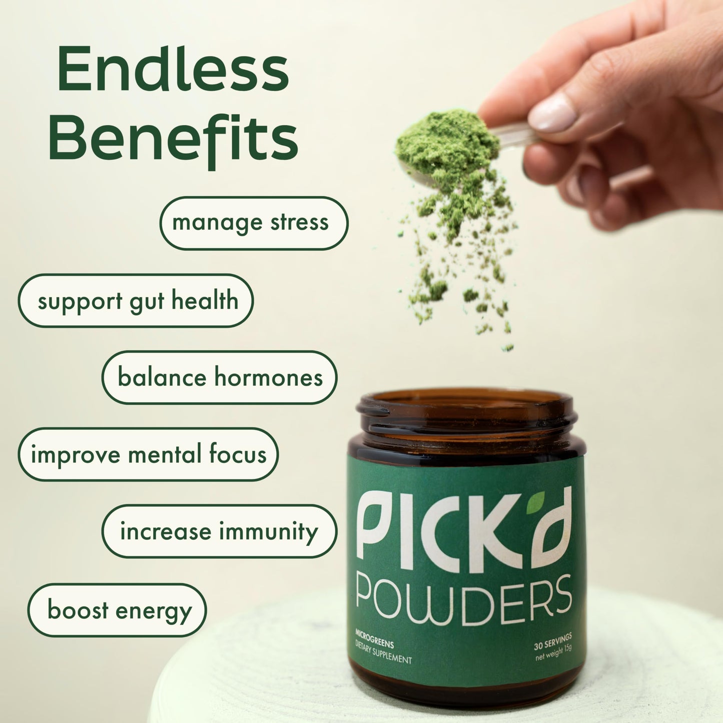 PICK'D POWDERS Microgreens Powder – Daily Greens Powder Support for Energy, Digestion, and Immune Wellness | Organic Microgreens Blend 0.53 oz