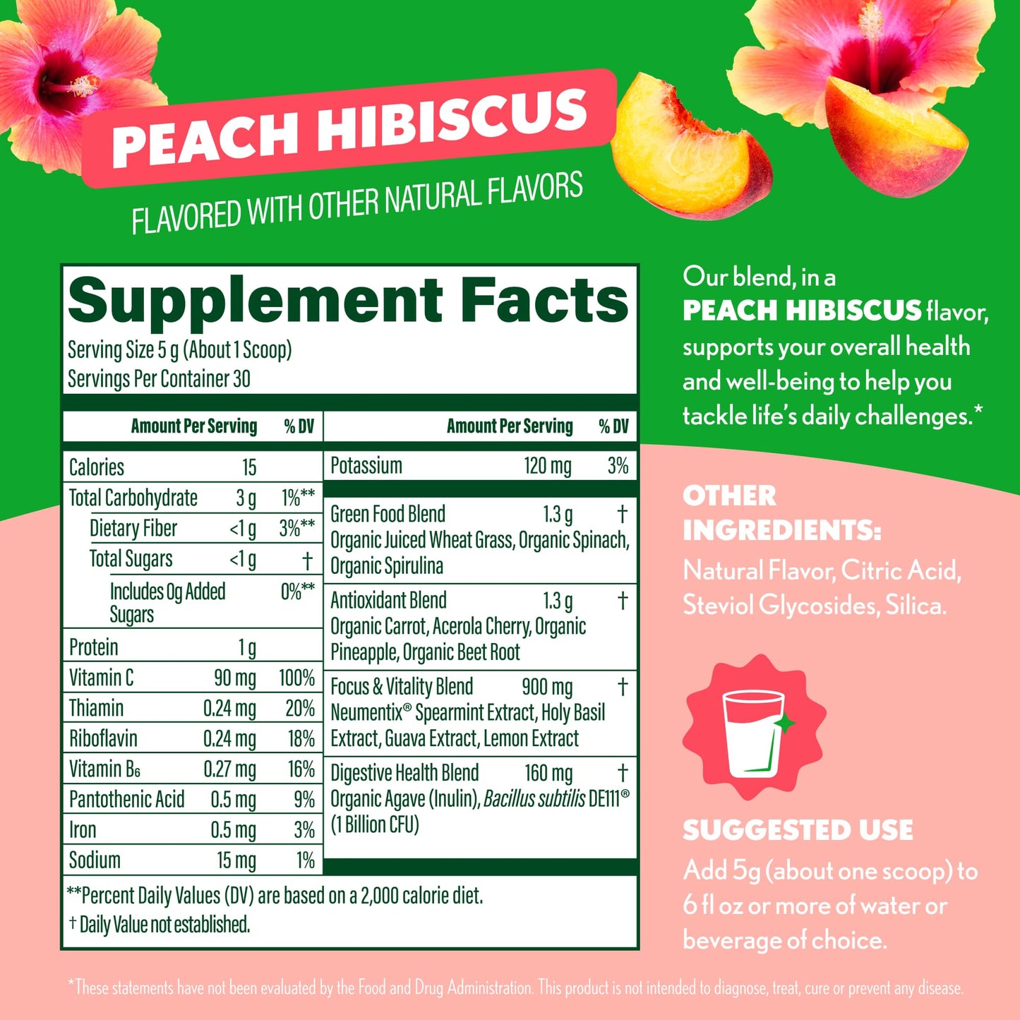 Amazing Grass Sweet Greens and Superfoods Peach Hibiscus Powder 30 Servings
