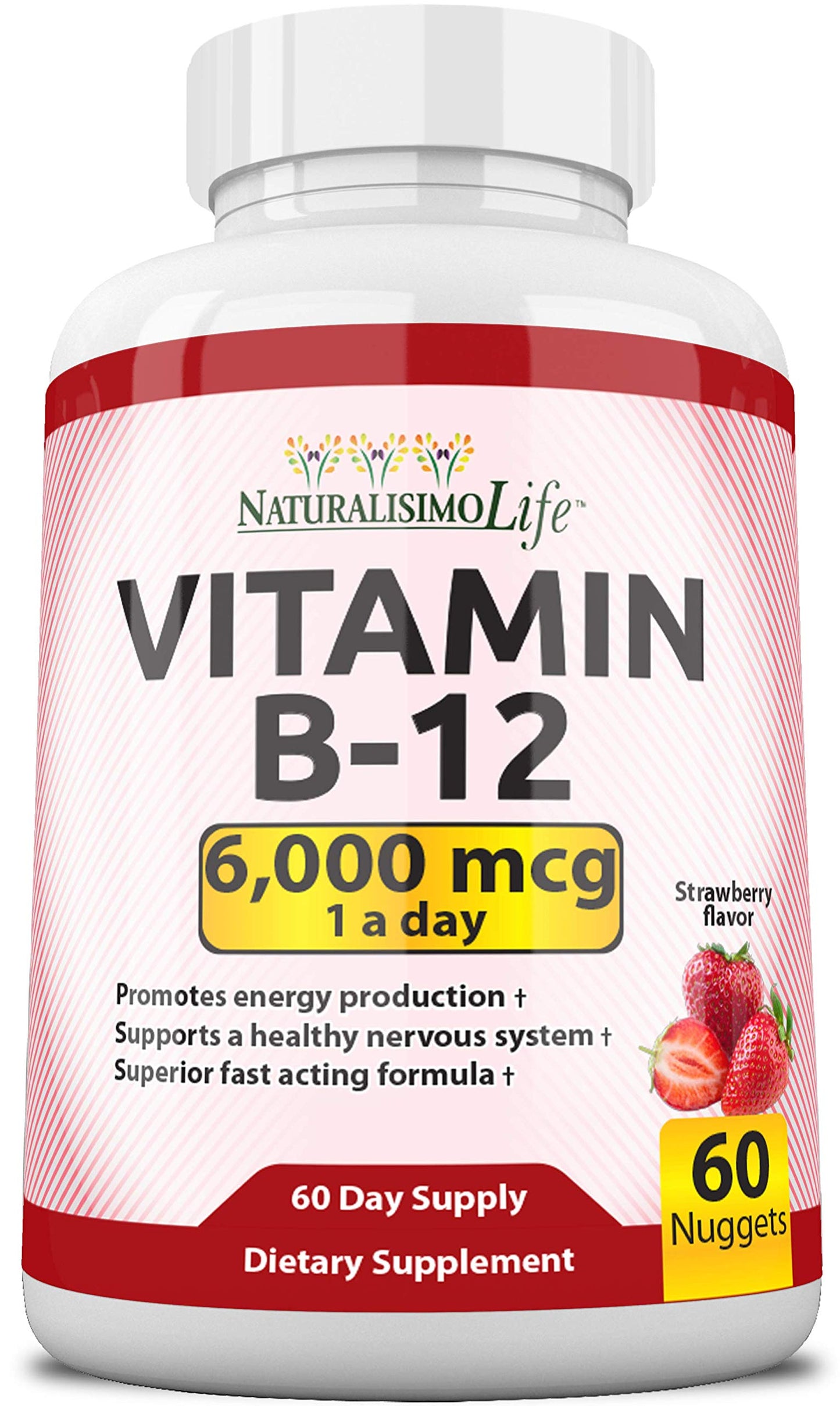 NaturalisimoLife Vitamin B12 6,000 mcg Quick Dissolve Strawberry Flavor Nuggets 60 Tablets