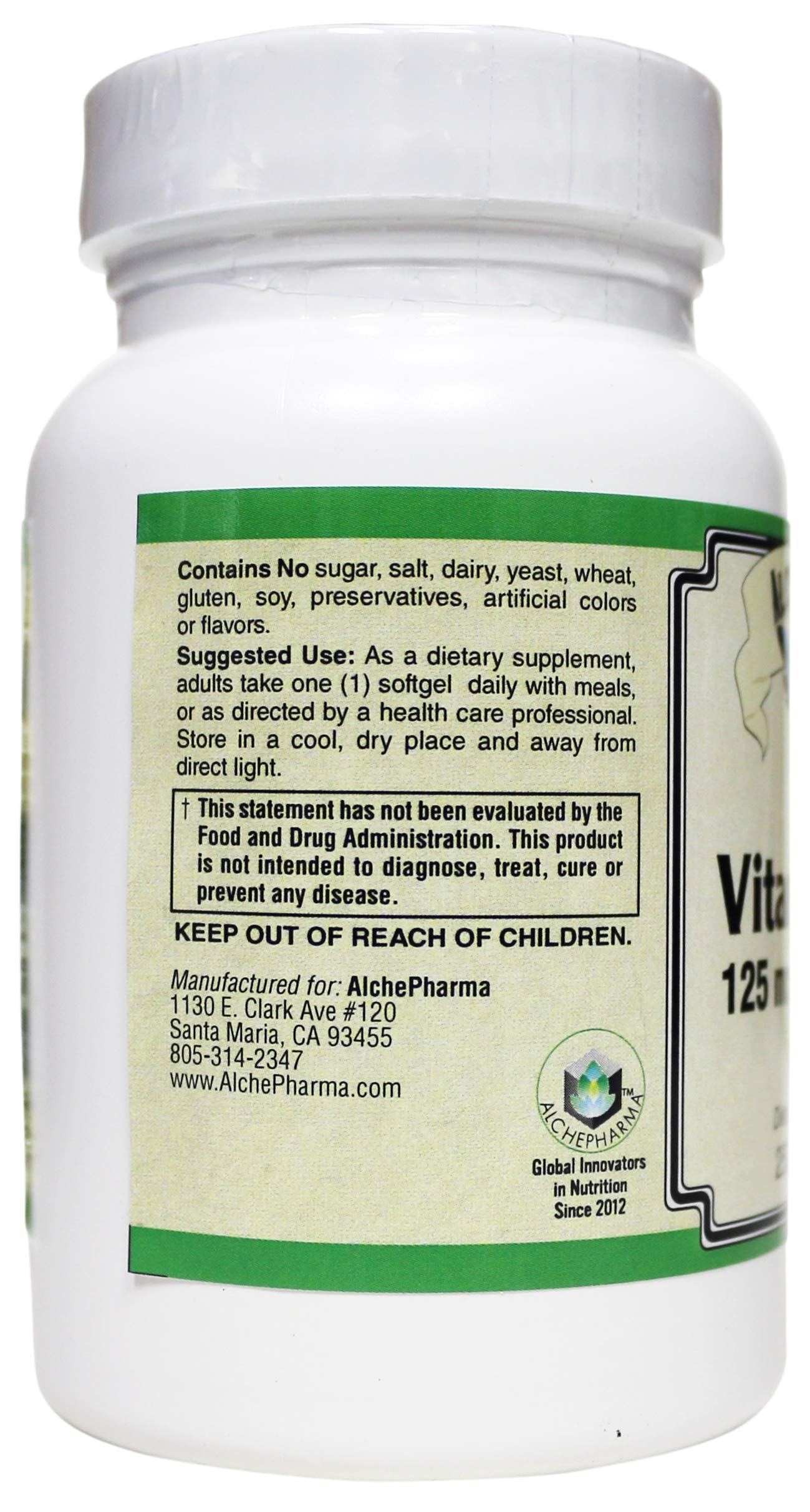 AlchePharma Vitamin D-3 125 mcg (5,000 IU) from Lanolin in safflower oil base Softgels 250