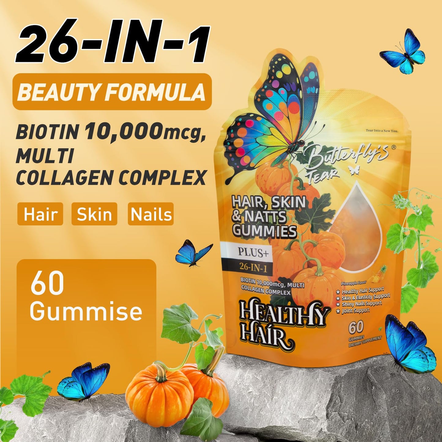 BUTTERFLY'S TEAR Hair Skin & Nails Gummies with Biotin 10000 mcg Collagen Complex, Supports Healthy Hair and Hair Growth, Healthy Skin, Stronger Nails 120 Count