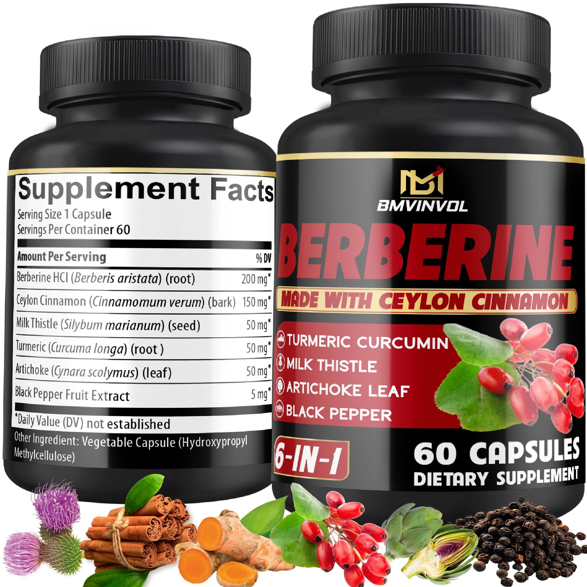 BMVINVOL Berberine Supplement with Ceylon Cinnamon, Turmeric, Artichoke, Milk Thistle Capsules, 60 Count
