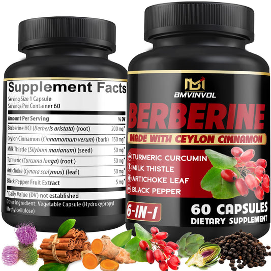 BMVINVOL Berberine Supplement with Ceylon Cinnamon, Turmeric, Artichoke, Milk Thistle Capsules, 60 Count