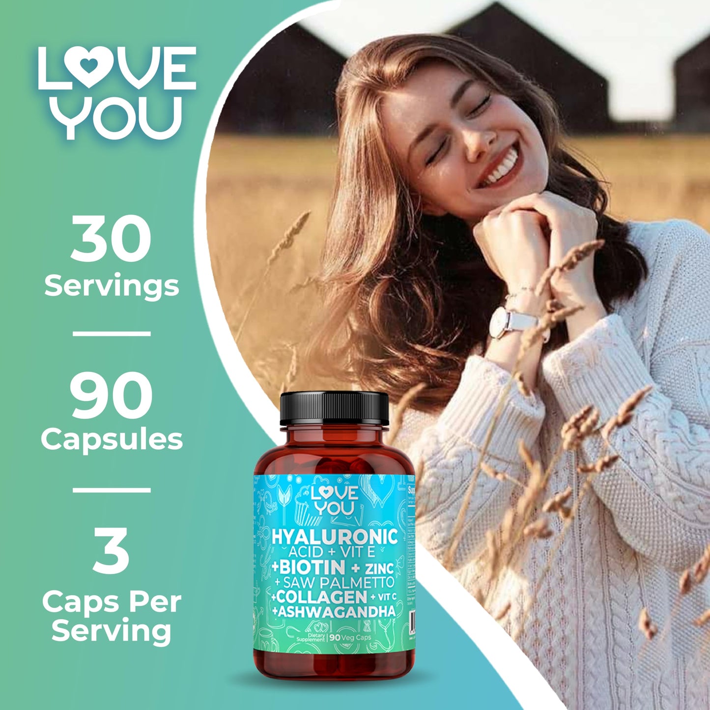 Love You Hyaluronic Acid + Collagen Complex - Beauty & Joint Support with Biotin 10,000 mcg, Zinc, Saw Palmetto & Ashwagandha, 90 Capsules