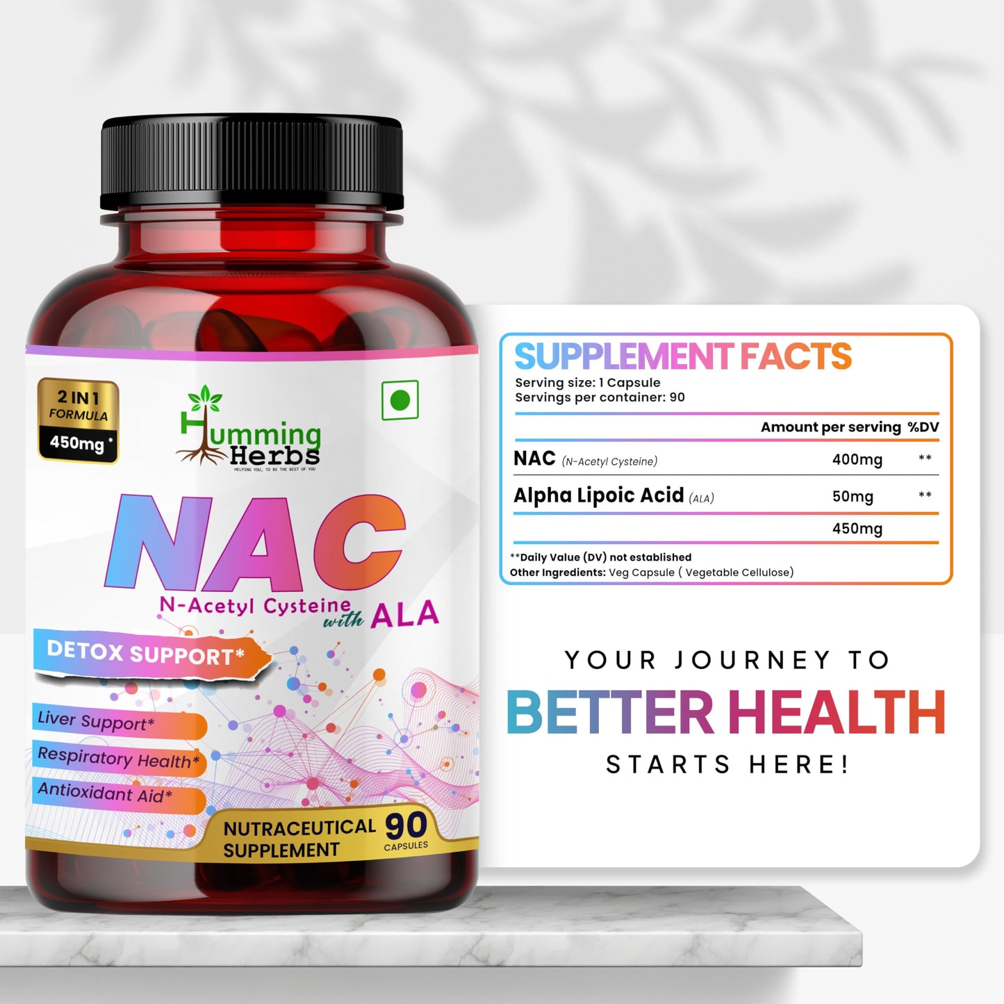 Humming Herbs NAC Supplement 450mg with Alpha Lipoic Acid - N-Acetyl Cysteine + ALA 2-in-1 Antioxidant Formula Capsules, 90 Count