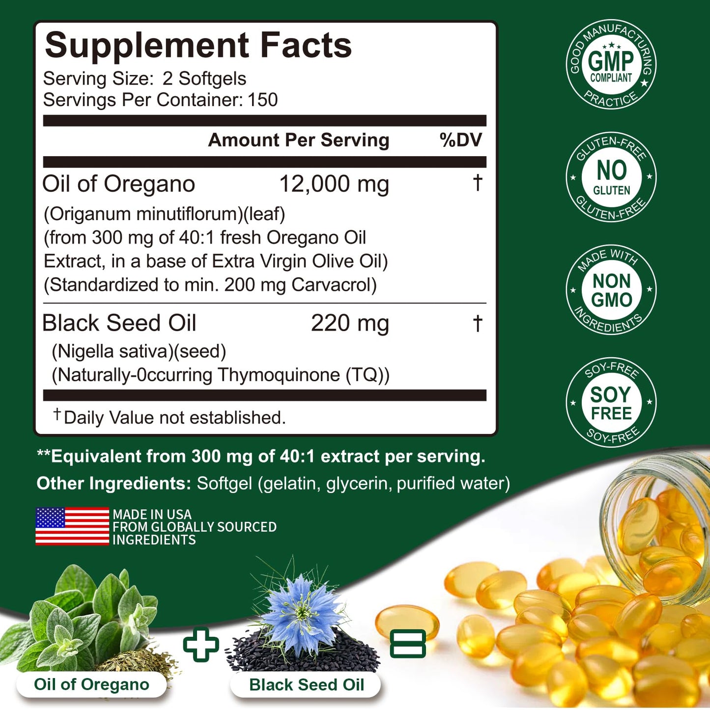 Keszciy Oil of Oregano with Black Seed Oil Softgels 300 Count