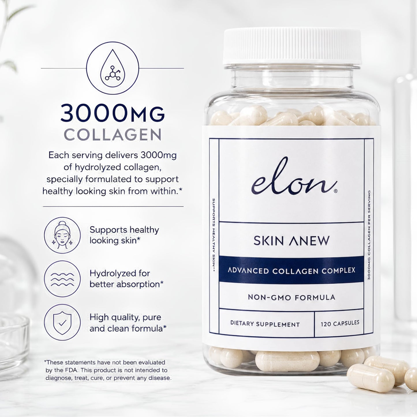Elon Skin Anew with Hydrolyzed Collagen 3000 mg per Serving Hydrating & Anti Aging Supplement for Vibrant Skin Health 120 Capsules