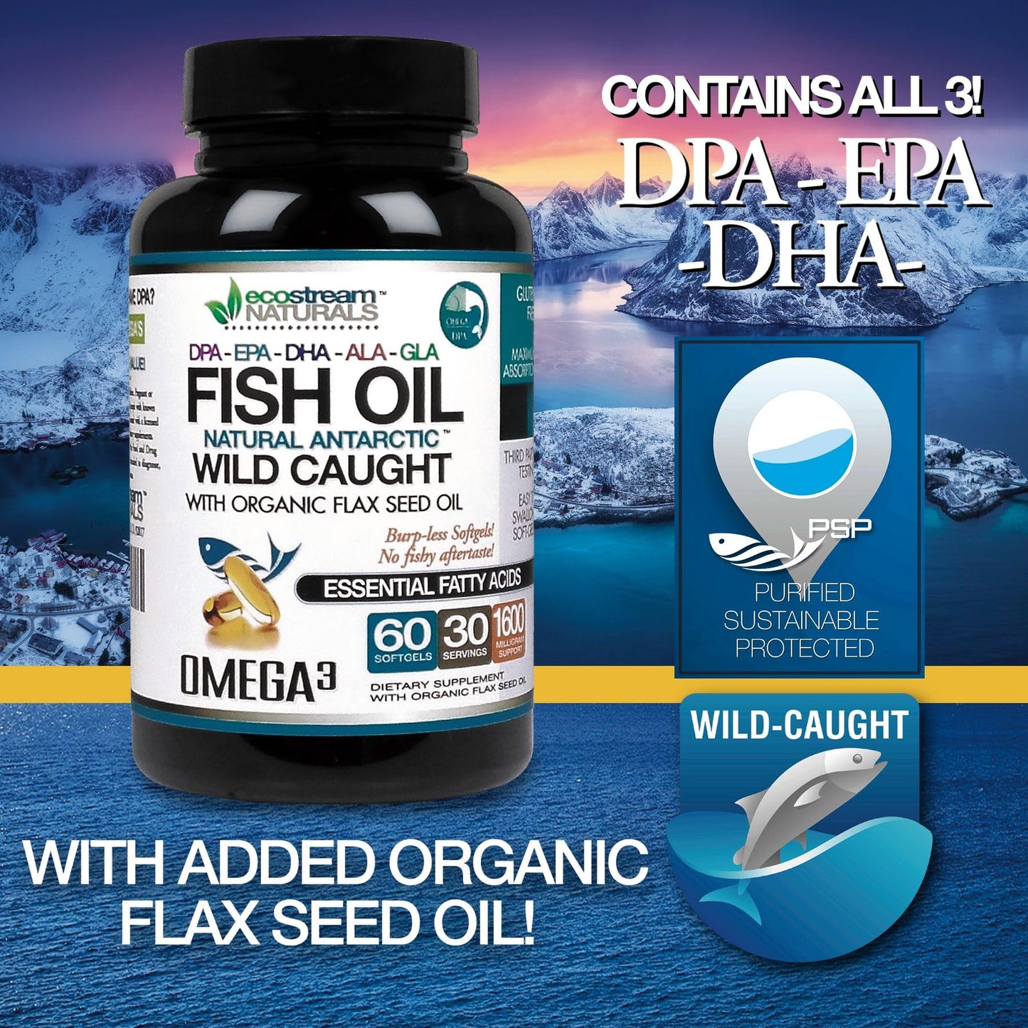 ecostream Naturals Wild Caught Antarctic Fish Oil with Organic Flax Seed Oil Omega3 Ultra DPA-EPA-DHA-GLA-ALA Softgels 60 Count