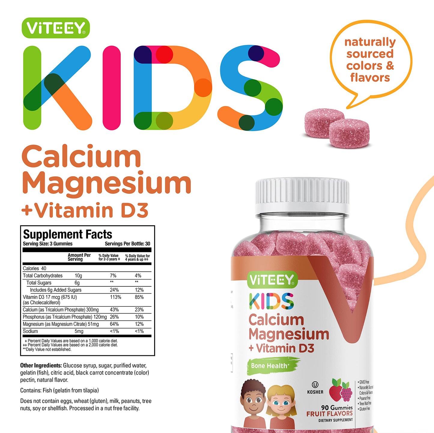 Viteey Kids Calcium Gummies +Vitamin D3 & Magnesium Citrate, 180 Count