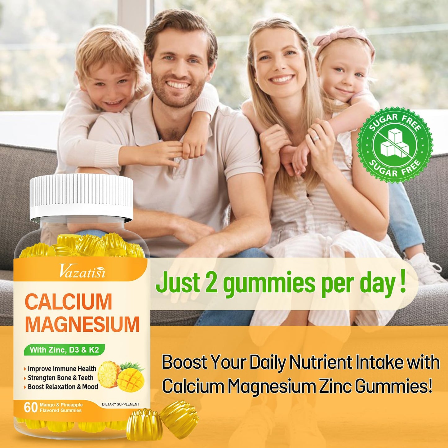 Vazatisi Calcium Magnesium Zinc Gummies with Vitamin D3 and K2, High Absorption Magnesium Glycinate Potassium for Immune Support and Calm Mood, Vegan Mango Pineapple Flavor, 120 Gummies