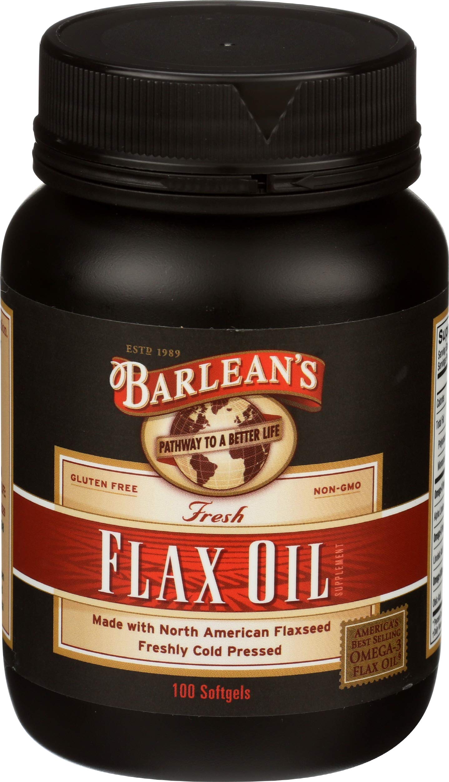 Barlean's Flaxseed Oil Softgels 1650mg ALA, Omega 3-6-9, Non-GMO, 100 Softgels