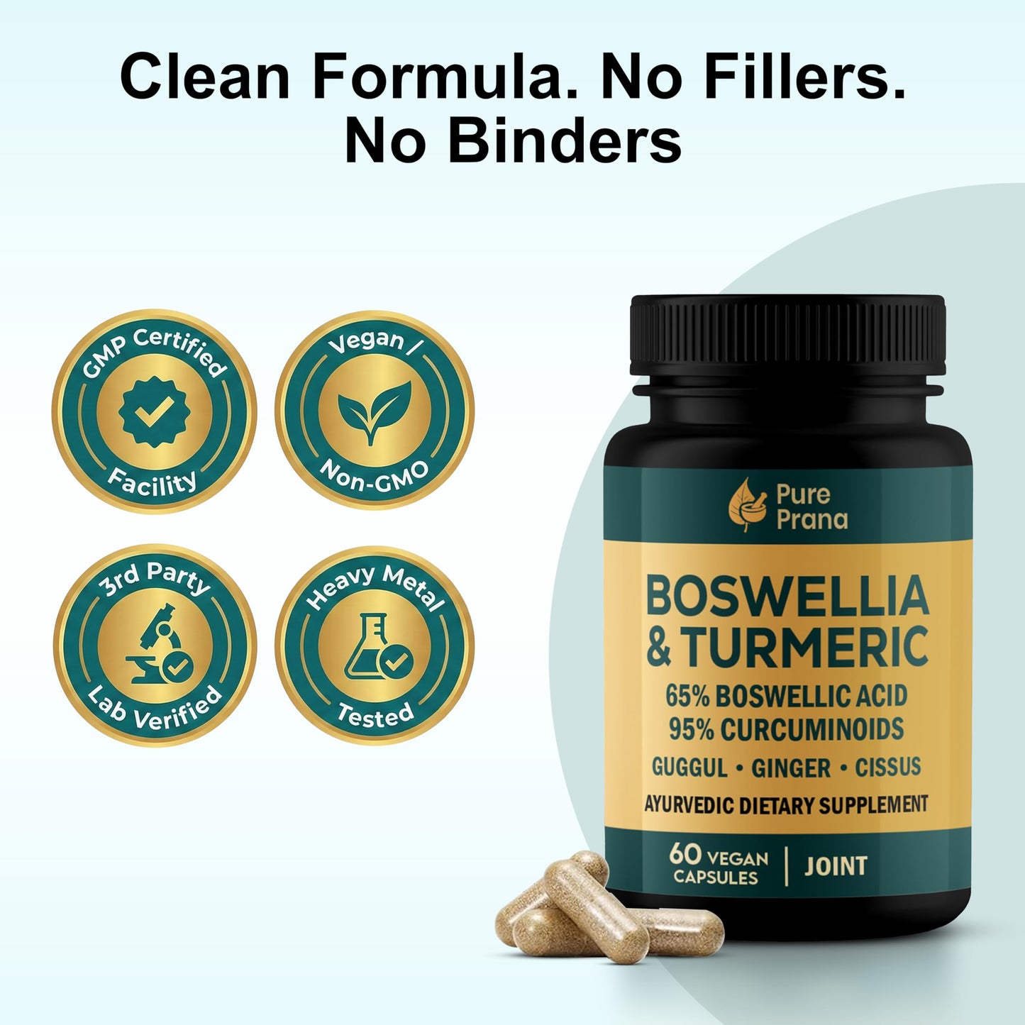 Pure Prana Joint Support Capsules with Turmeric Curcumin, Boswellia Serrata, Guggul, Ginger & Cissus, 60 Capsules