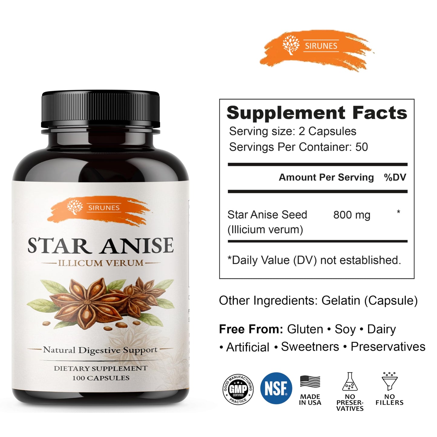 SIRUNES Star Anise Capsules, 100 Count