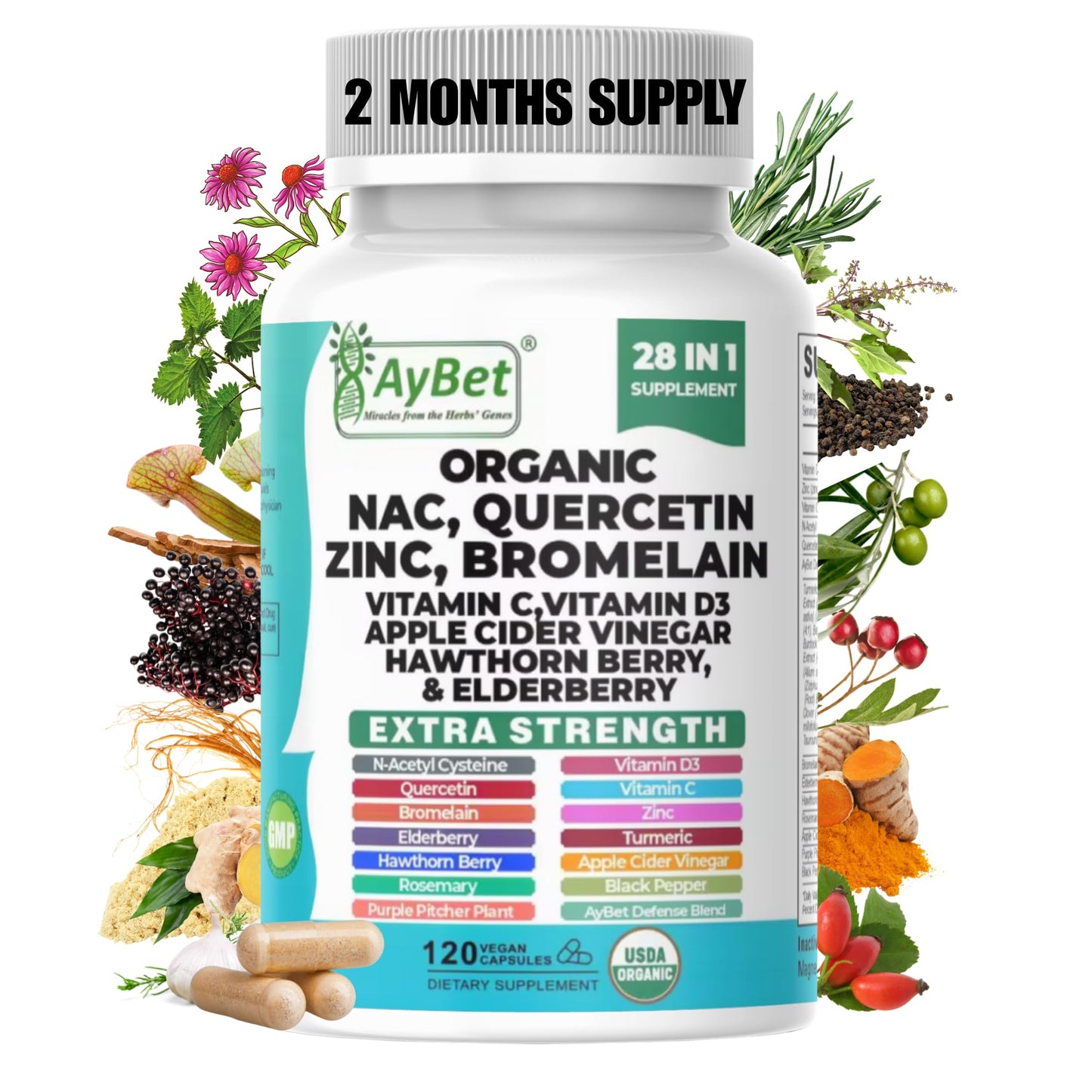 AyBet NAC N-Acetyl Cysteine Quercetin Zinc Bromelain Supplement Capsule 120 Capsules