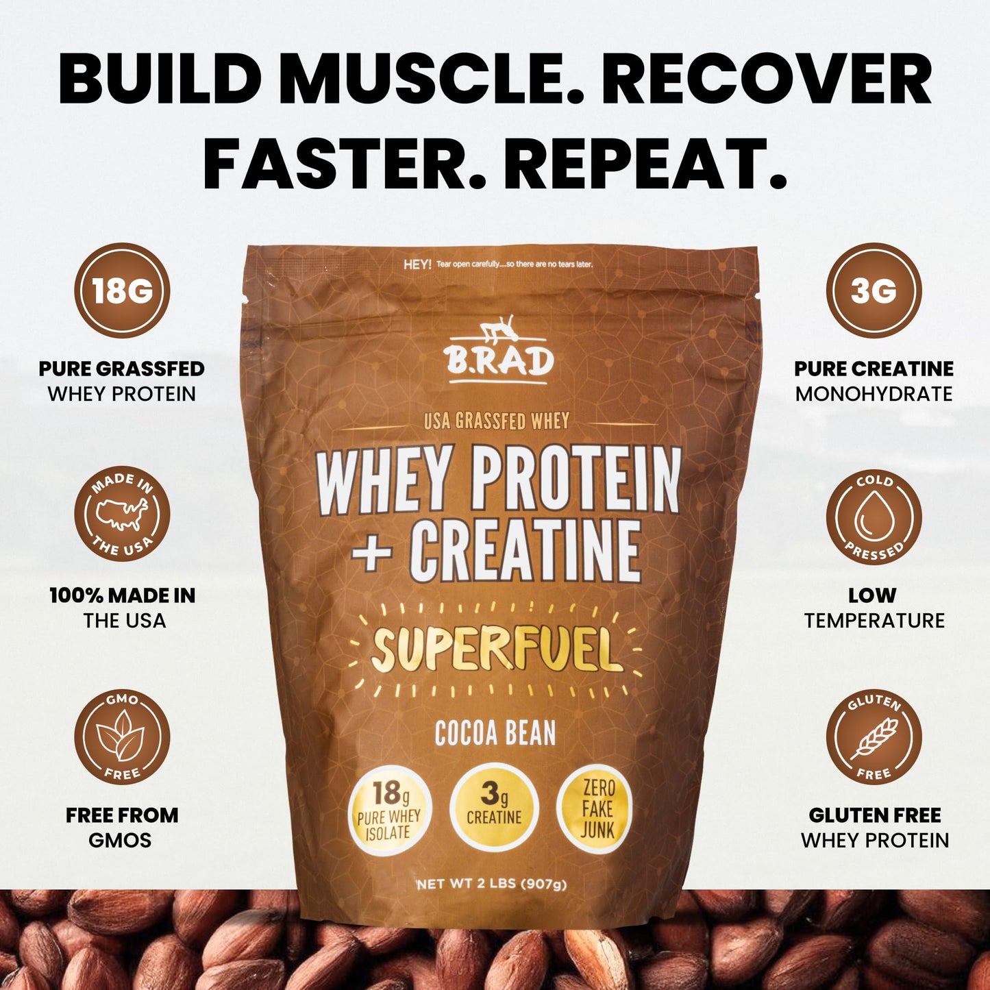 B.rad Superfuel Grass Fed Whey Protein Isolate with Creatine Powder, Cocoa Bean (Chocolate) Flavor, 2 lb, 32 Servings