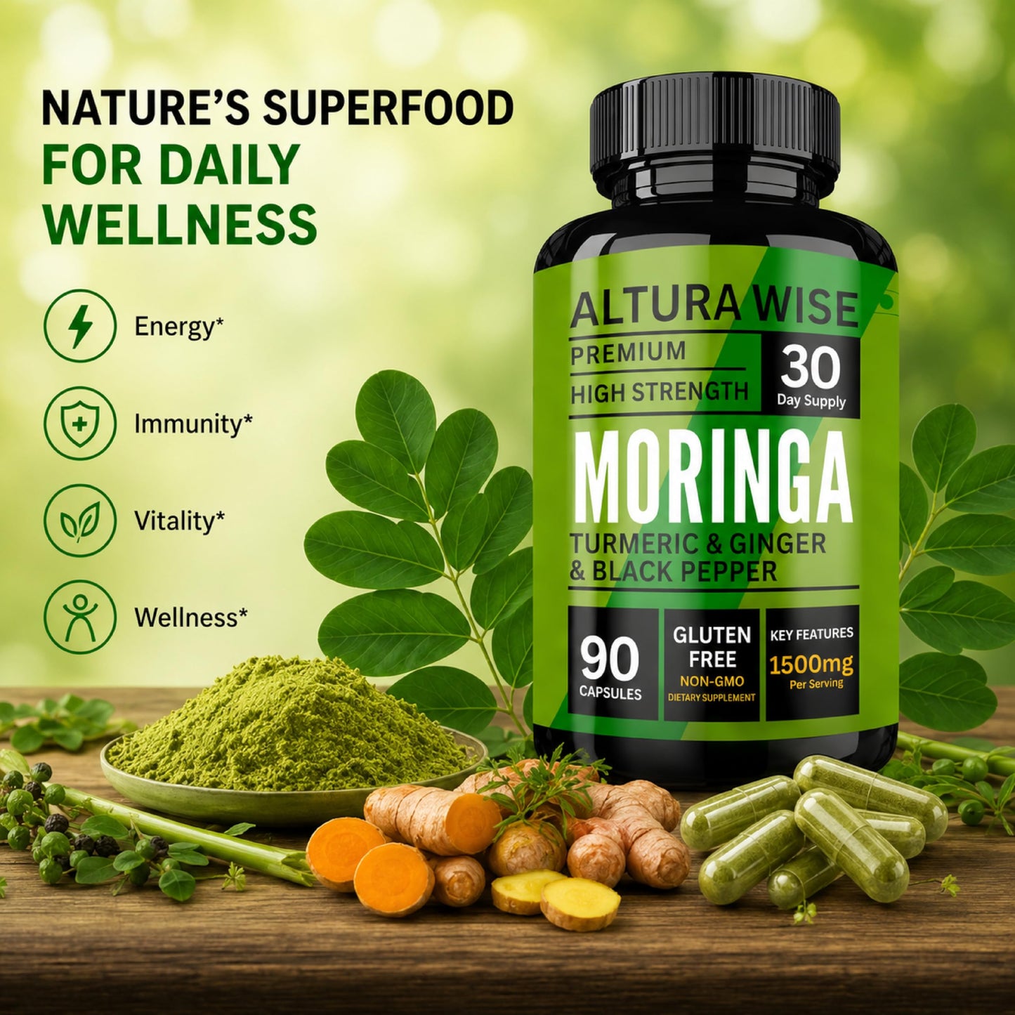 AlturaWise Moringa Capsules - Pure Moringa Oleifera Powder with Turmeric, Ginger & Black Pepper, 90 Capsules