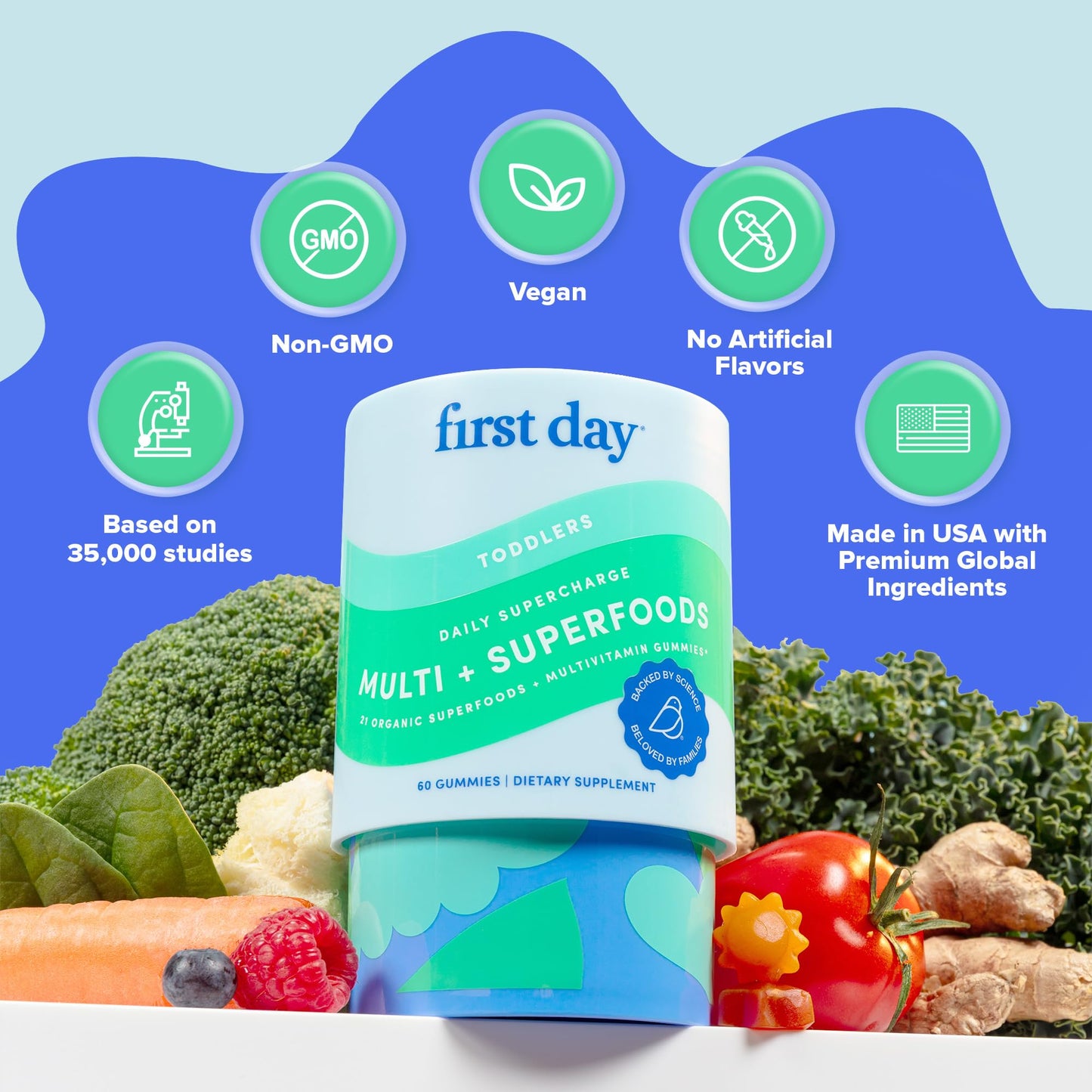 FIRST DAY Toddler Multivitamin Gummies (Ages 2-3)| Kids Multivitamin Gummies with Vitamins A C D3, B2, B12, Choline, Folate and 21 Organic Superfoods| (30 Day Supply)