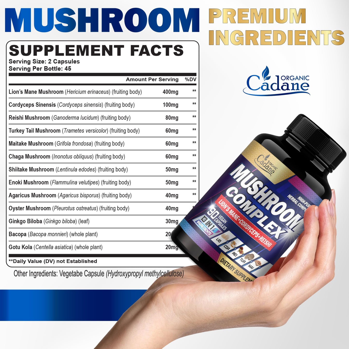 Organic Cadane Mushroom Complex Supplements 13in1 with Lions Mane Mushroom, Bacopa, Reishi & More, Capsules, 90 Count