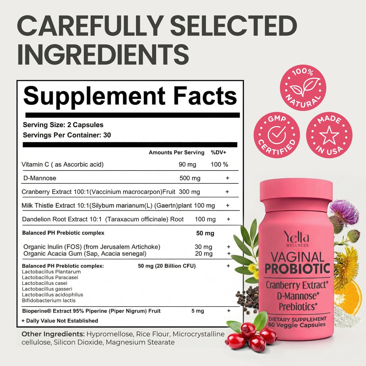 YELLA WELLNESS Vaginal Probiotics & Prebiotics for Women with Cranberry Extract Capsules, 60 Count