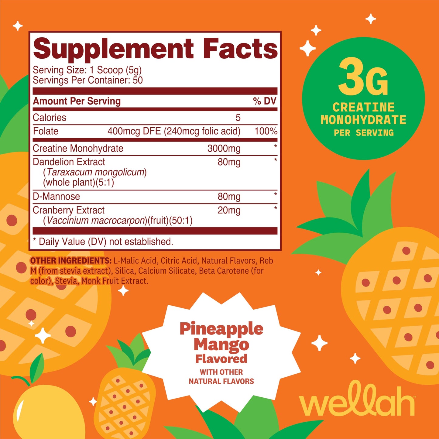 Wellah Creatine for Women - Creatine Monohydrate with Dandelion & Cranberry Extract Powder, 9.3