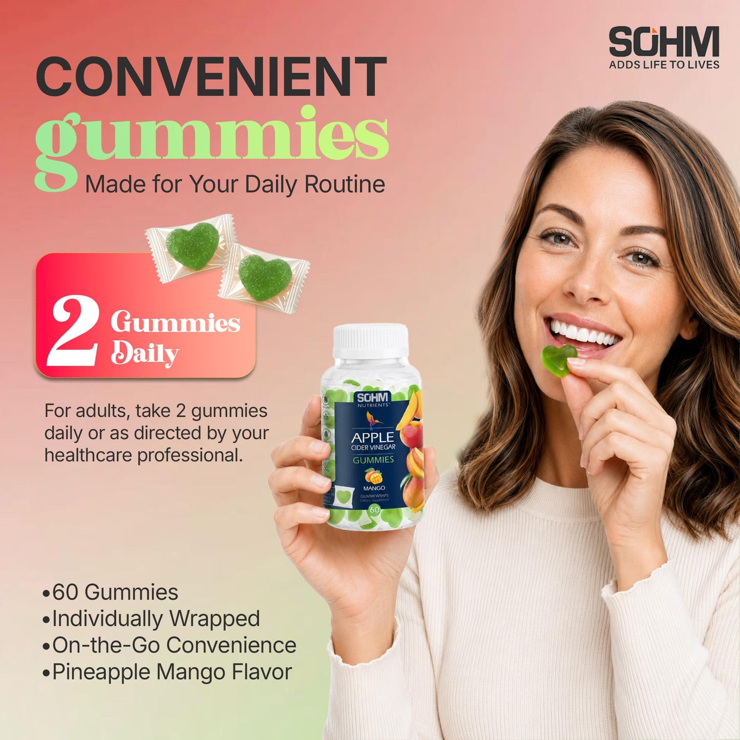SOHM ADDS LIFE TO LIVES Apple Cider Vinegar Gummies 500 mg, 60 Gummies