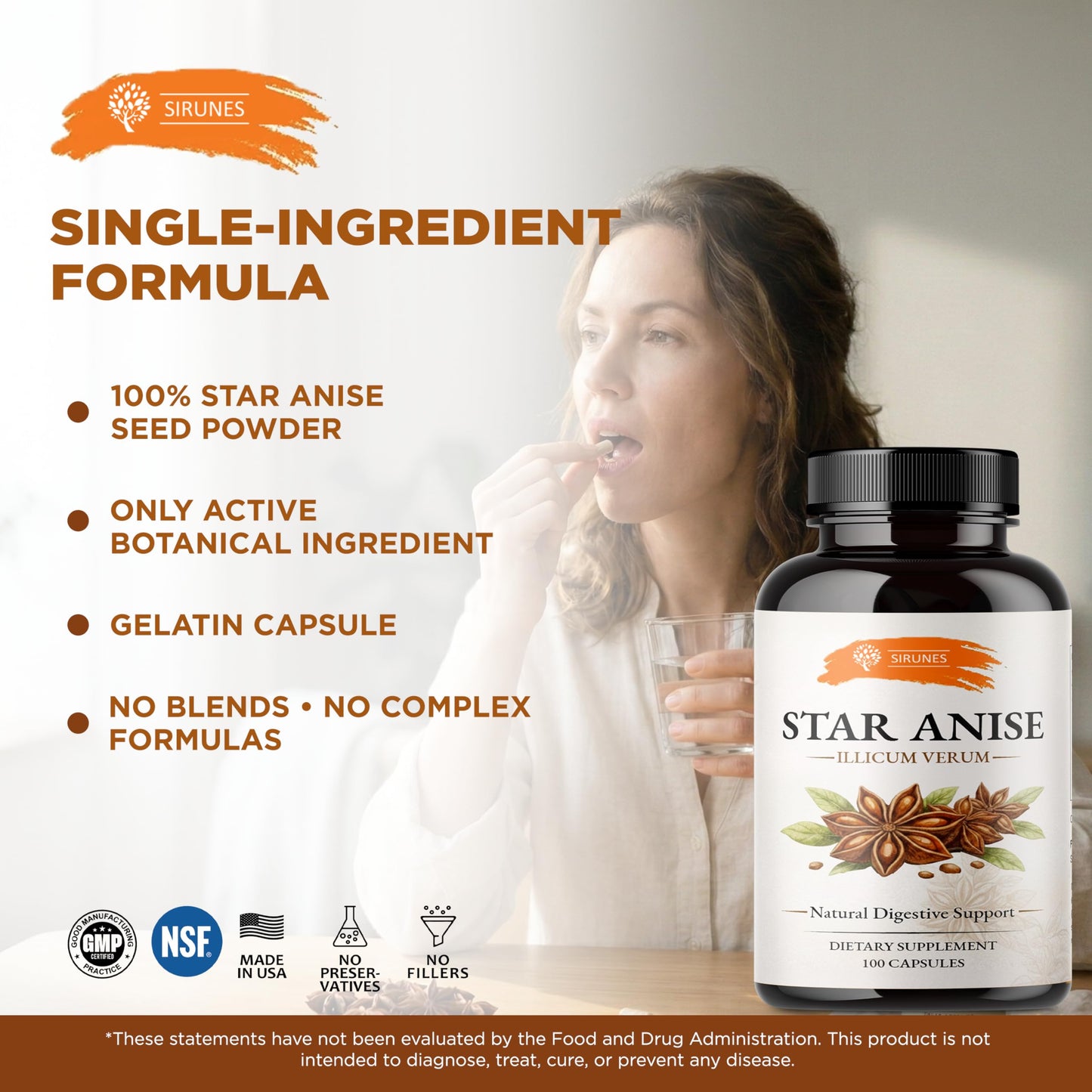 SIRUNES Star Anise Capsules, 100 Count