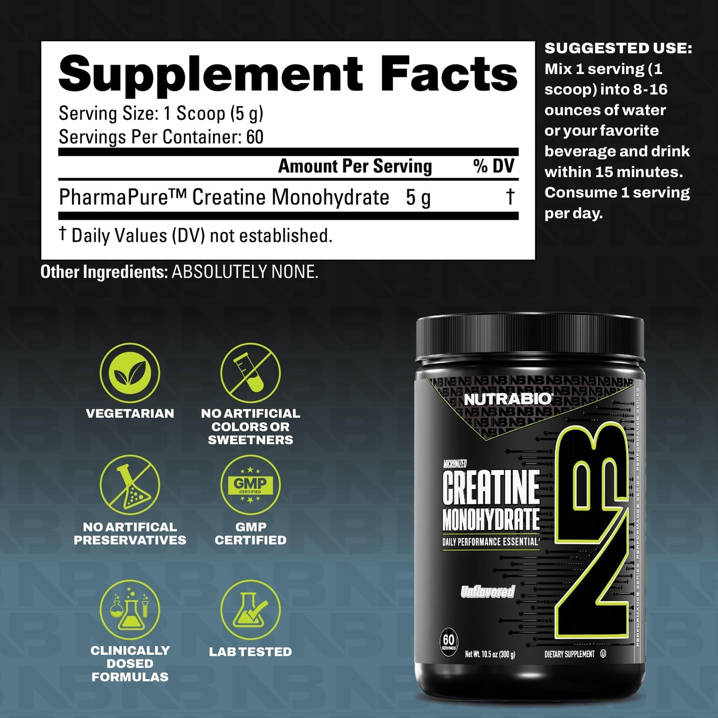 NutraBio Pure Micronized Creatine Monohydrate Powder, 10.6