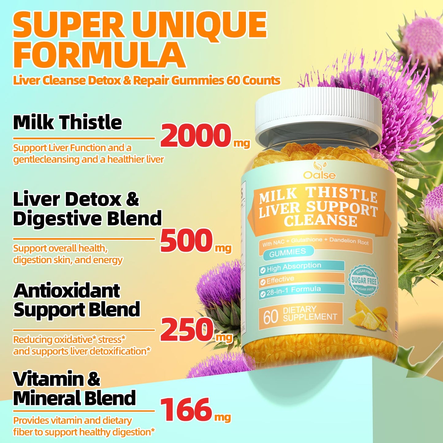 OALSE Liver Cleanse Detox & Repair 2000 mg Milk Thistle Gummies 60 Count