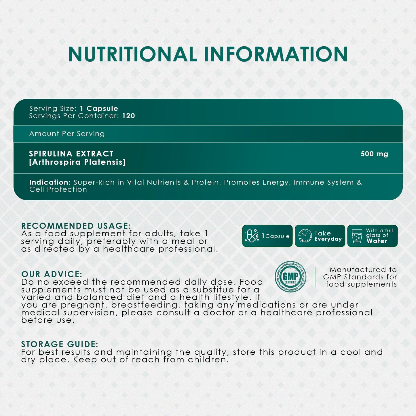 AMBROSIAL Spirulina Capsules 500 mg, 120 Count