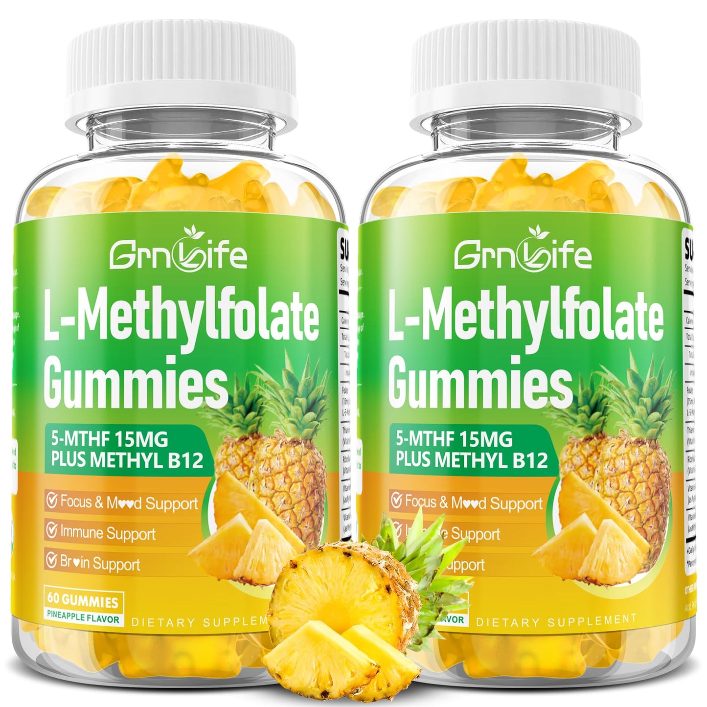 GrnLife L-Methylfolate 15 mg Gummies with Methyl B12, Methylated B1, B2, B6, Active 5-MTHF & High Absorption - Supports Brain Health & Immune System, Pineapple Flavor, 120 Gummies