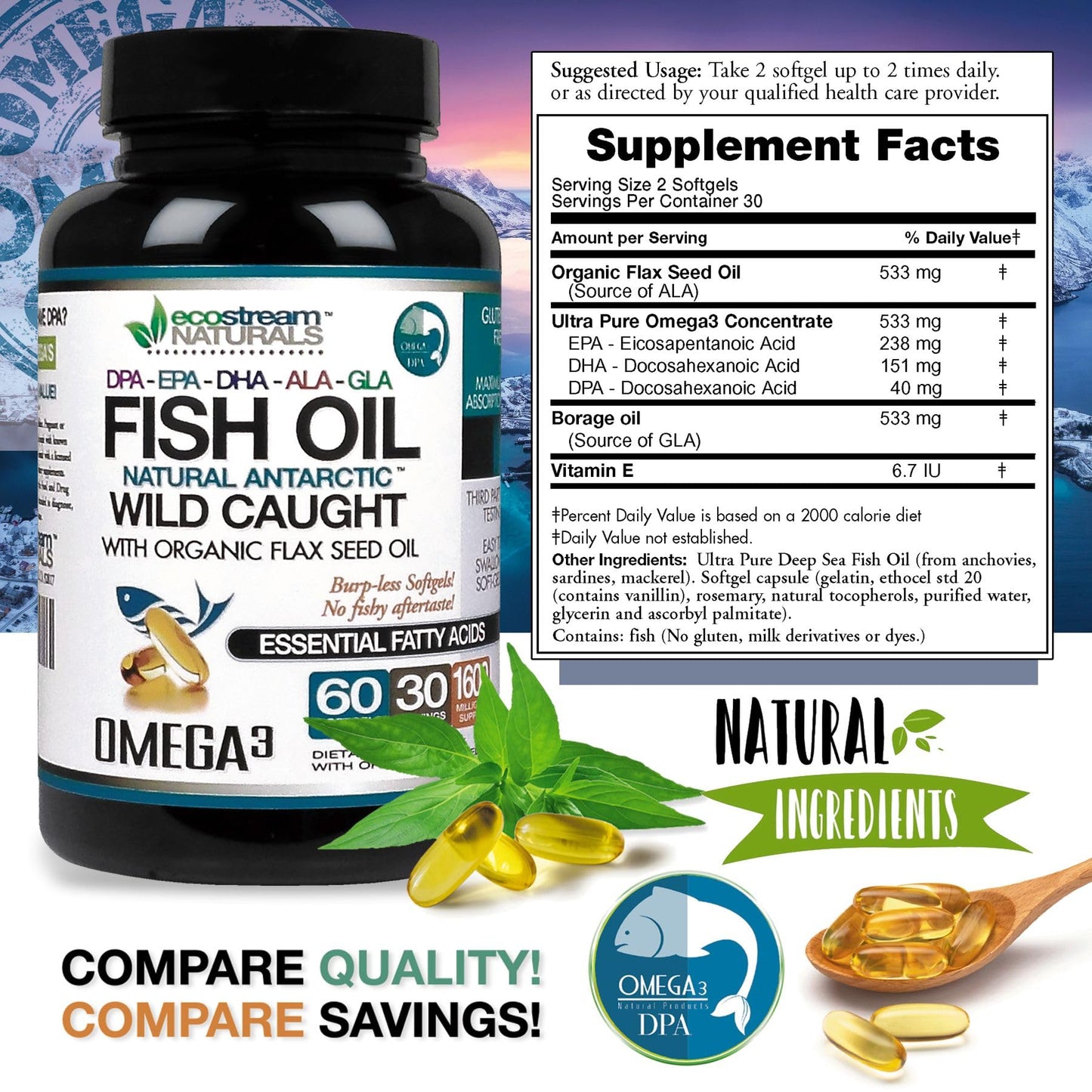 ecostream Naturals Wild Caught Antarctic Fish Oil with Organic Flax Seed Oil Omega3 Ultra DPA-EPA-DHA-GLA-ALA Softgels 60 Count