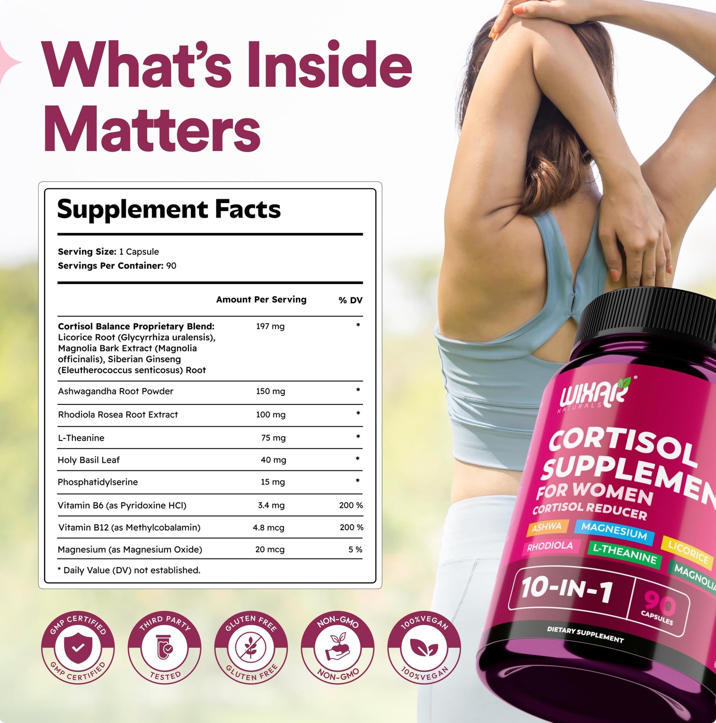 WIXAR NATURALS Cortisol Support Supplement with Ashwagandha, Magnesium, L-Theanine, Rhodiola Rosea Capsules 90