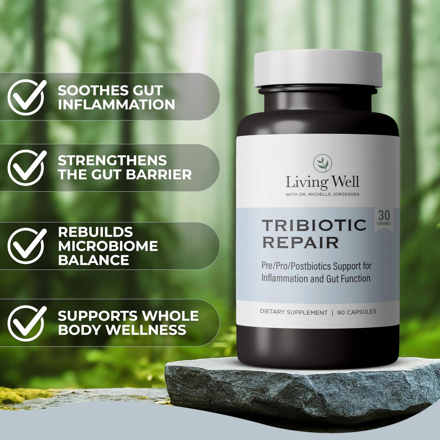 Living Well with Dr. Michelle Tribiotic Repair Probiotic Prebiotic Supplement Capsules, 30 Count