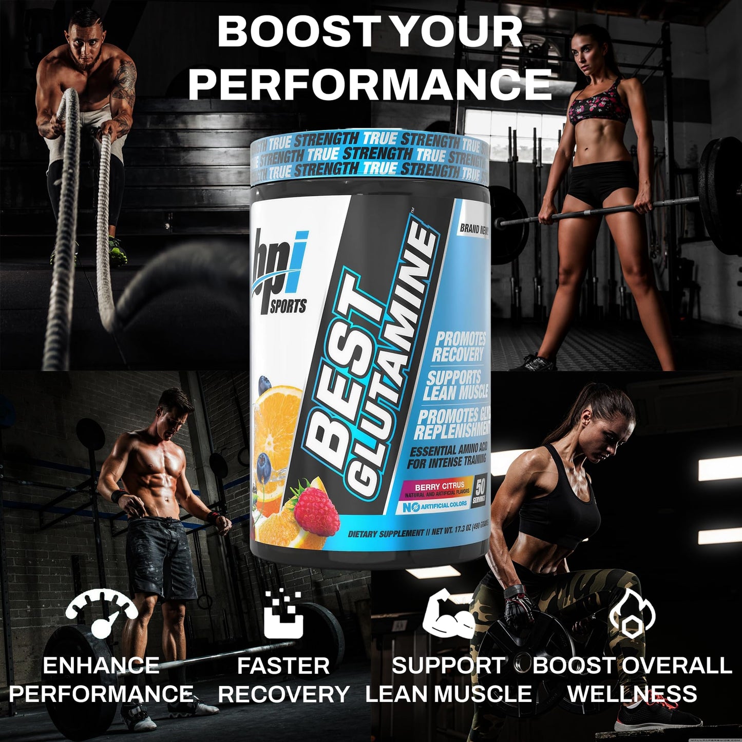 BPI Sports Best Glutamine Supplement, L-Glutamine Powder for Gut Health, Muscle Recovery and Immune Support – 6 Advanced Glutamine Types + Vitamin C – Berry Citrus Flavor, 17.3