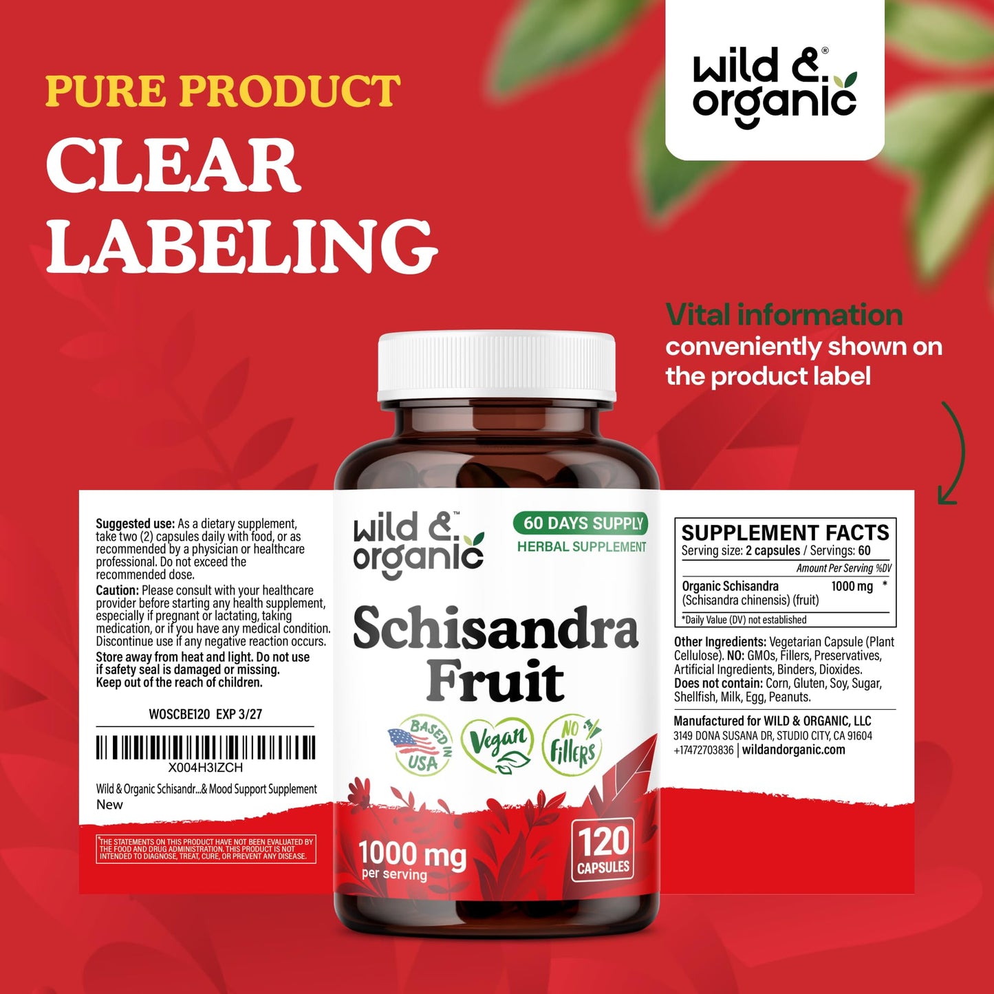 Wild & Organic Schisandra 1000 mg Mood Support Capsule, 120 Count